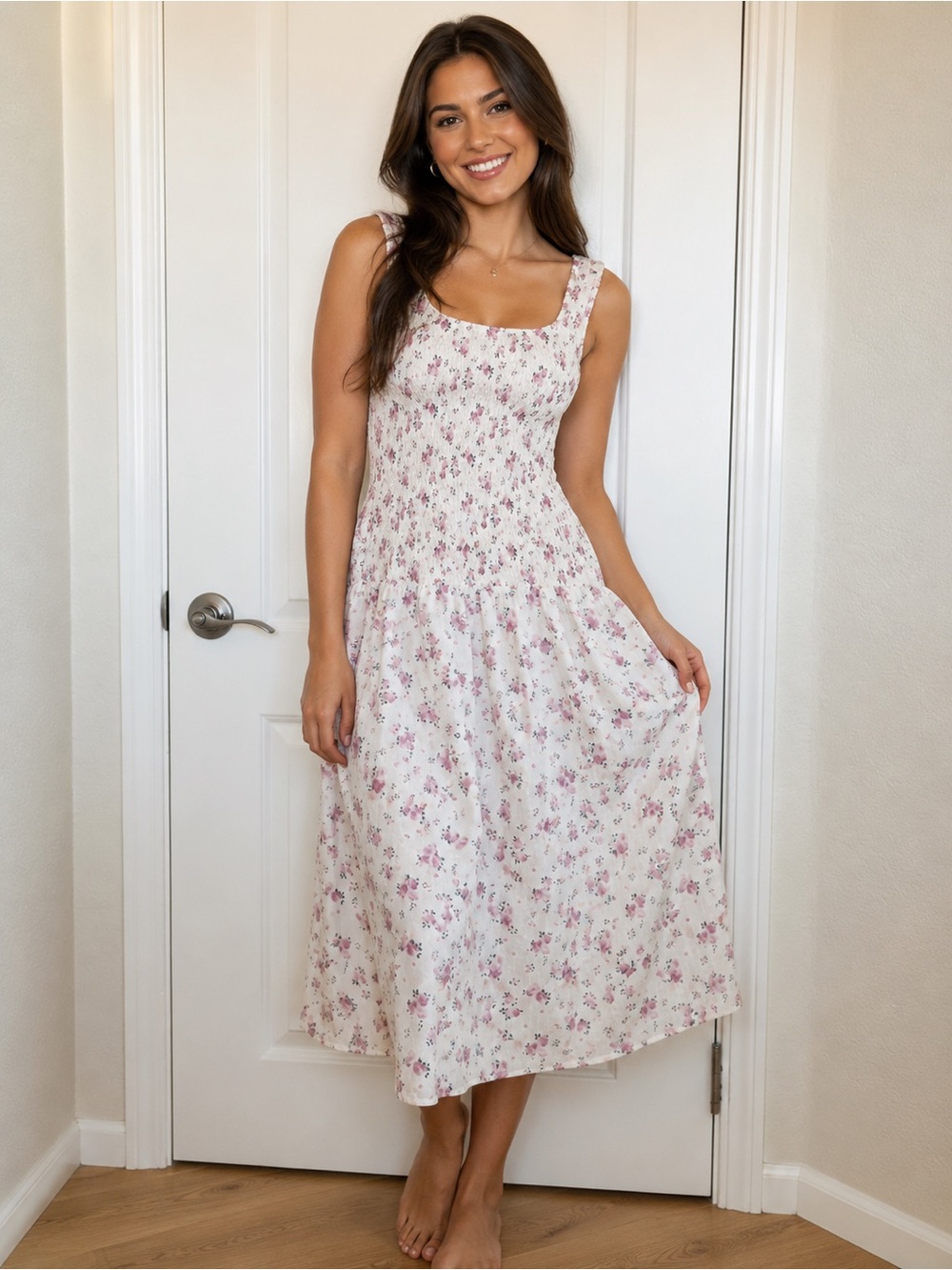Bailey Rose Floral Smocked Midi Dress Sz S Cottagecore Romantic Coquette Pink